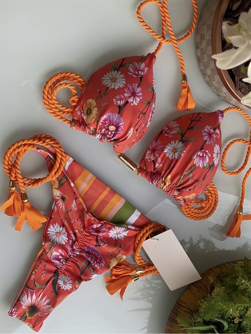 Printed Fabric Rope Bikini Triangle Swimsuit Swimwear - Image 1